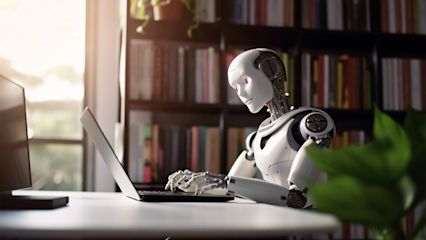 Ein Roboter sitzt an einem Tisch und tippt auf einer Tastatur.