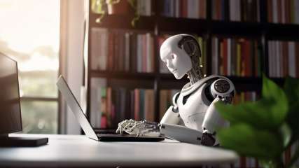 Ein Roboter sitzt an einem Tisch und tippt auf einer Tastatur.