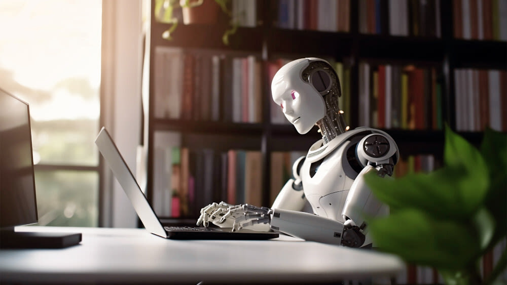 Ein Roboter sitzt an einem Tisch und tippt auf einer Tastatur.