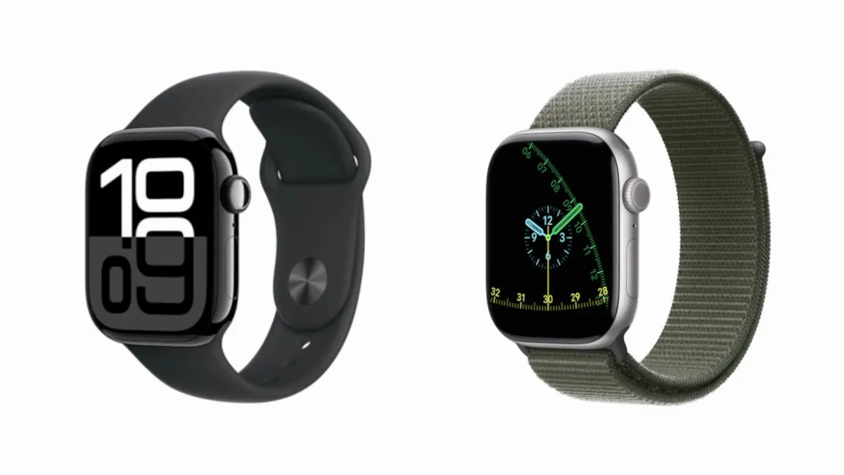 Die Apple Watch 10 im Vergleich mit der Apple Watch 11 vor einem weißen Hintergrund.