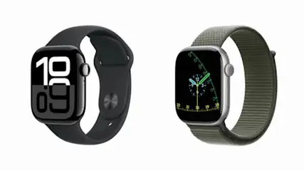 Die Apple Watch 10 im Vergleich mit der Apple Watch 11 vor einem weißen Hintergrund.