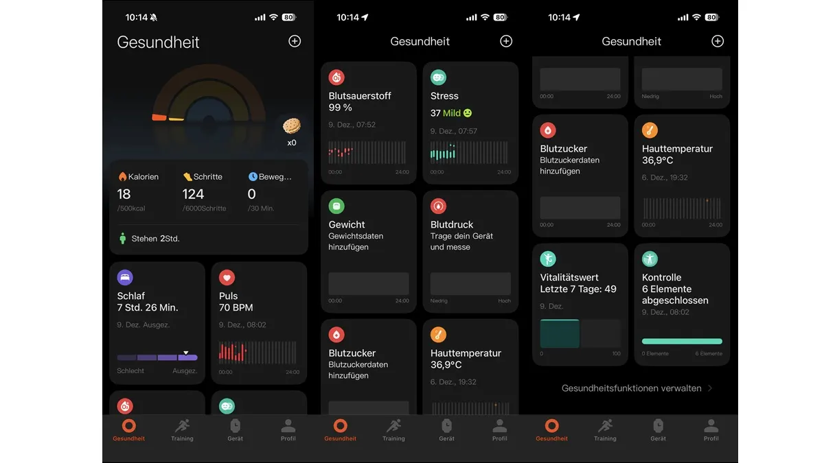 Die Xiaomi-App Mi Fitness zeigt verschiedene Gesundheitswerte an.