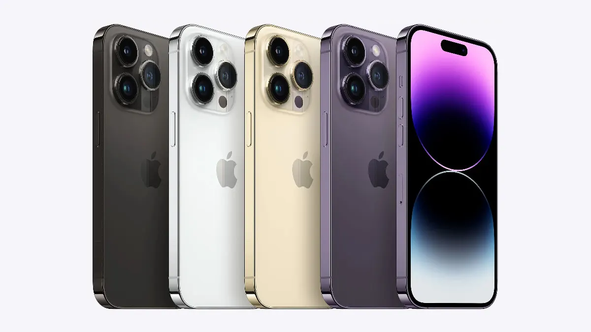 Mehrere Farbvarianten des Apple iPhone 14 Pro sind nebeneinander gereiht.
