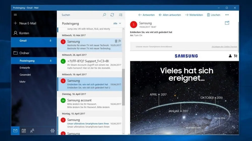E-Mail-Programm mit Posteingang, Ordnern und Samsung-Werbung. Datum von April 2017 bis Oktober 2016 sichtbar.