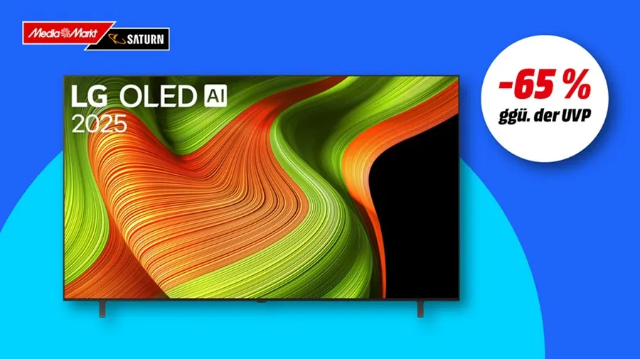 LG OLED B59LA TV, Hinweis auf 65 Prozent Rabatt gegenüber UVP auf blauem Hintergrund. 