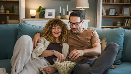 Paar sitzt auf einem blauen Sofa und isst Popcorn aus einer Glasschüssel. Im Hintergrund Regale und eine Lampe.