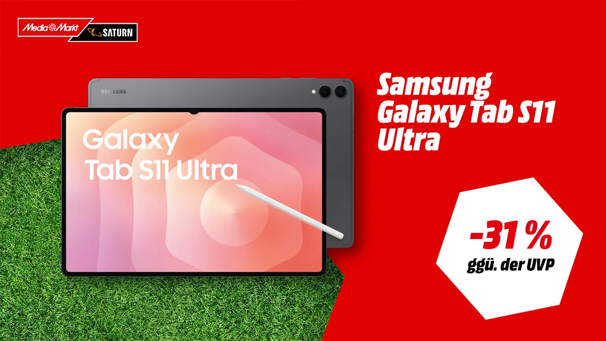 Das Samsung Galaxy Tab S11 Ultra Tablet und Hinweis auf 31 Prozent Rabatt ggü. der UVP.