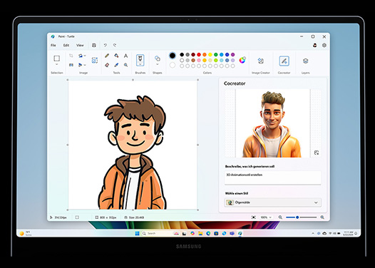 Ein Laptop zeigt ein Malprogramm mit einer Zeichentrickfigur und einem realistischen Porträt. Die Werkzeugleiste ist oben sichtbar.