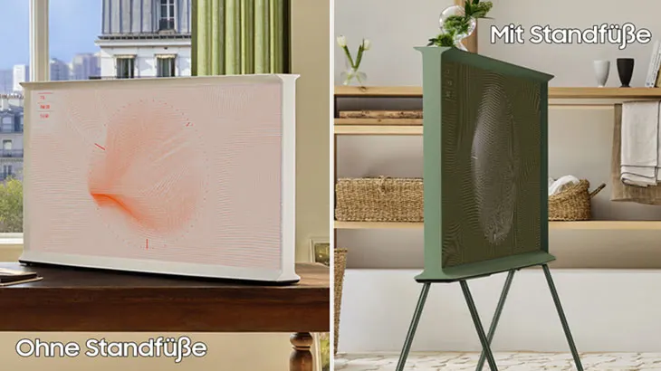 Links ist ein The Serif TV ohne Standfüße zu sehen und rechts mit.