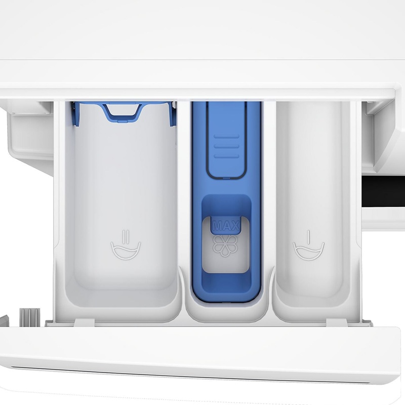 Θήκη απορρυπαντικού του πλυντηρίου ρούχων BEKO BMMWFU374A με ξεχωριστά διαμερίσματα για πρόπλυση, κύρια πλύση και μαλακτικό ρούχων.