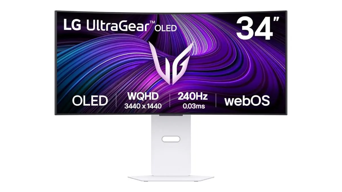 Der Ultrawide-Monitor LG UltraGear 34GX90SA-W vor weißem Hintergrund.