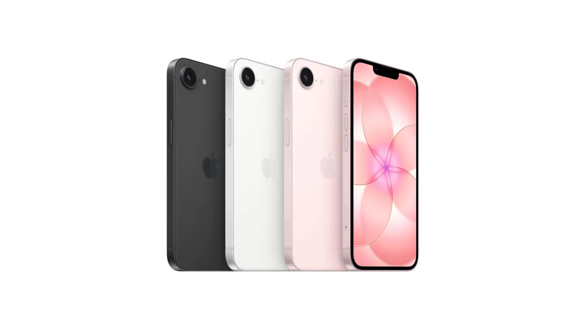 Die Rückseiten mehrerer iPhone-17e-Modelle in den Farben Schwarz, Weiß und Hellrosa vor einem weißen Hintergrund.