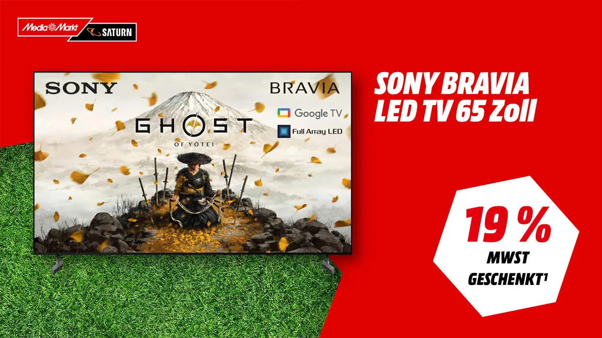 Der Sony Bravia LED-TV 65 Zoll und Hinweis auf Mehrwertsteuer-geschenkt-Aktion bei MediaMarkt.