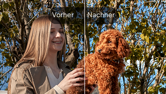 Foto einer jungen Frau mit ihrem Hund im Vorher-Nachher-Effekt. 