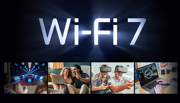 Wi-Fi 7 Logo auf dunklem Hintergrund mit vier Bildern darunter: Gaming, Familie mit Tablet, VR-Nutzer und Laptop-Arbeitsplatz.