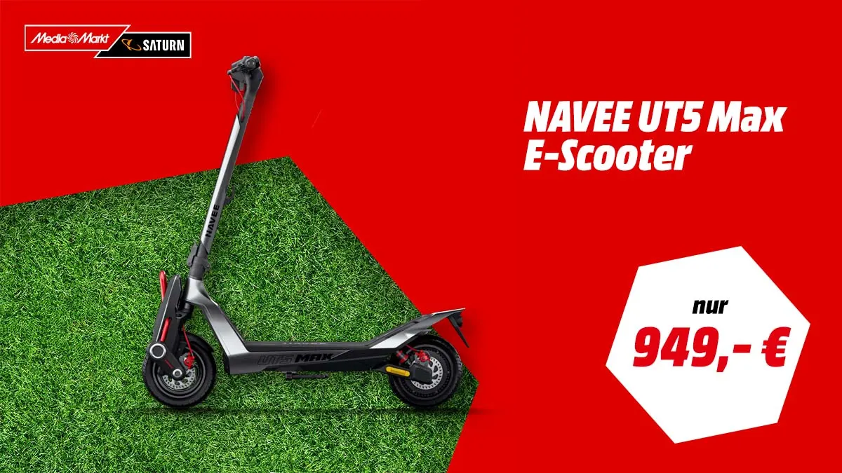 Der Navee UT5 Max E-Scooter und Hinweis auf Aktionspreis bei MediaMarkt.