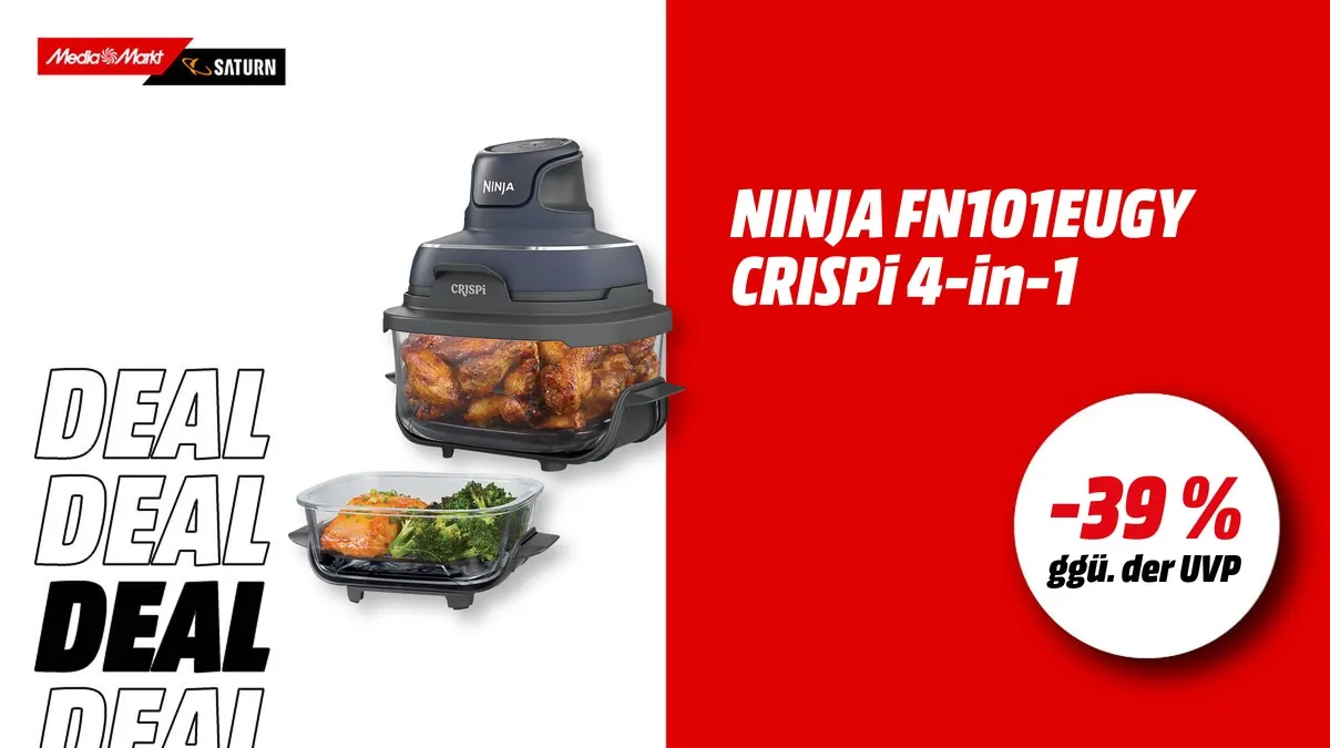 Ninja FN101EUGY CRISPi 4-in-1 Glas-Heißluftfritteuse in Cyber Space, aktuell mit -39 % (ggü. der UVP) reduziert.