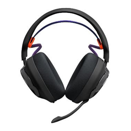 Schwarzes Over Ear Gaming Headset mit weichen Polstern, verstellbarem Doppelbügel in Lila/Orange und flexiblem Mikrofonarm, frontal abgebildet.