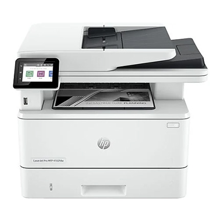 Weißer HP-Laserdrucker mit Scanneraufsatz und Farb-Touchdisplay, Vorderansicht auf Papierausgabe und USB-Anschluss.