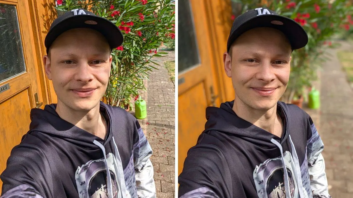 Zwei Selfies von Alex, aufgenommen mit dem Google Pixel 11 Pro, überzeugen mit natürlichen Hauttönen und schönen Farben. Das rechte Bild hat einen verschwommenen Hintergrund.