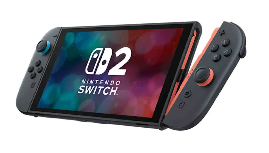 Die Nintendo Switch 2 vor weißem Hintergrund. Der rechte Joy-Con ist abgekoppelt.