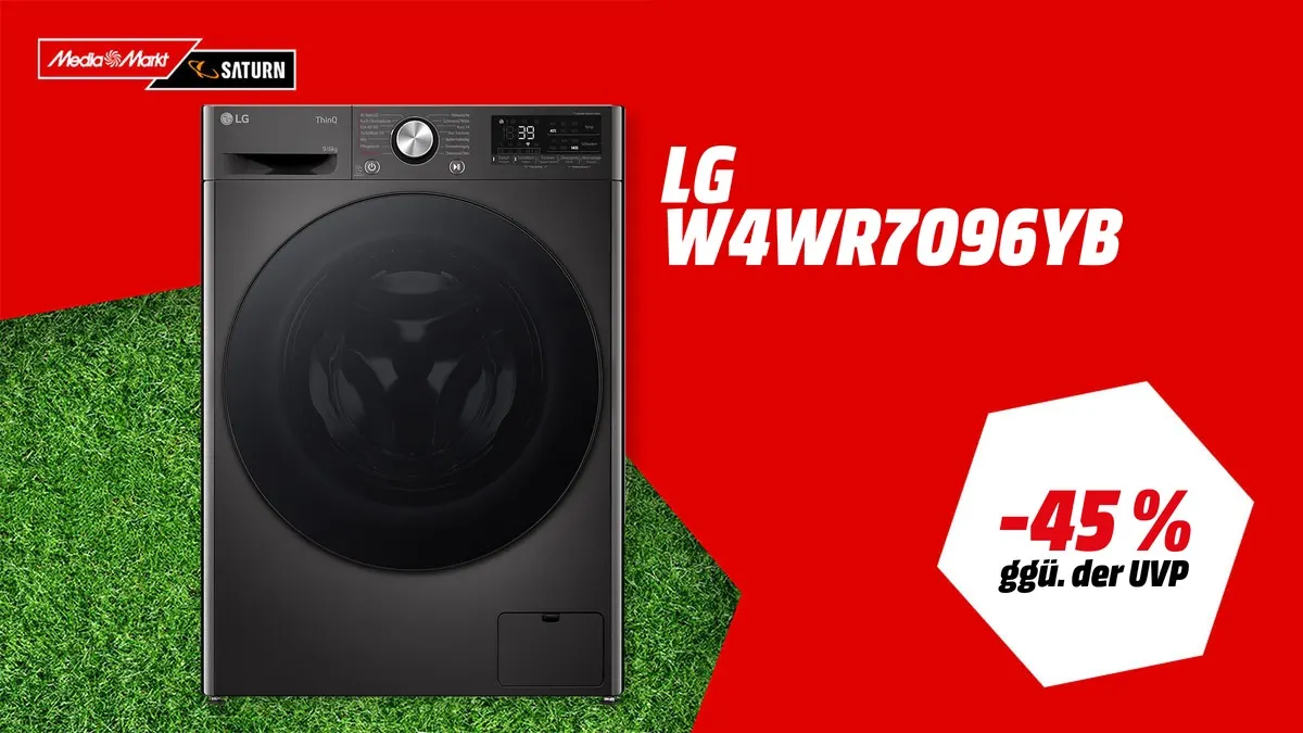 LG W4WR7096YB Waschtrockner Serie 7 in Weiß – 9 kg Waschen, 6 kg Trocknen, aktuell mit WM-Angebot reduziert.