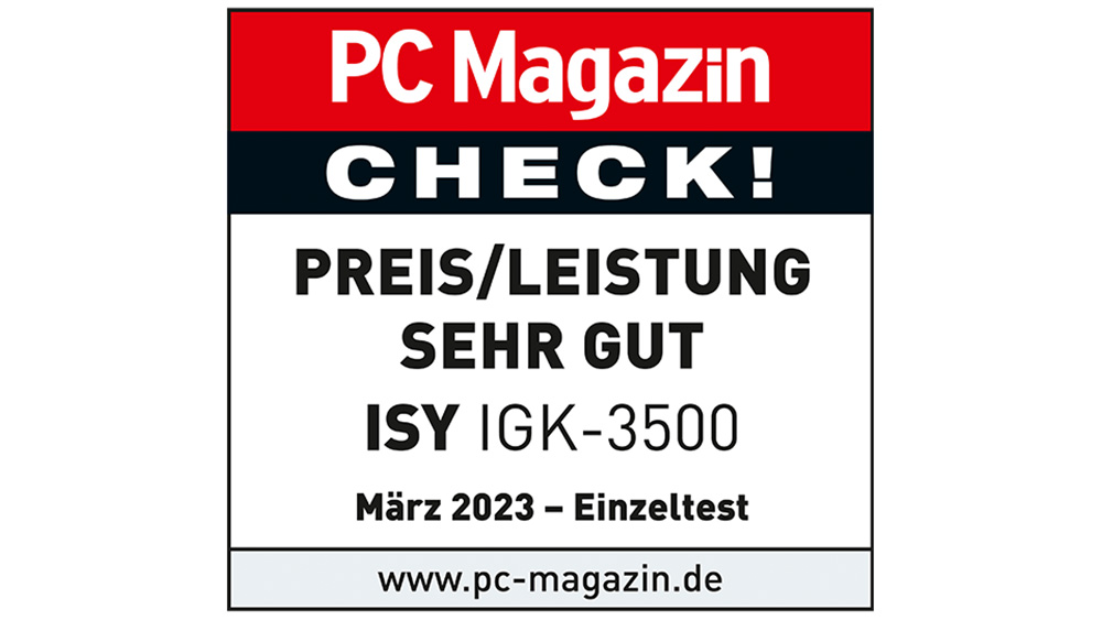 PC Magazin Check Siegel. Text auf rotem, blauem und weißem Grund. "Preis/Leistung sehr gut", ISY IGK-3500, Einzeltest März 2023. URL unten.