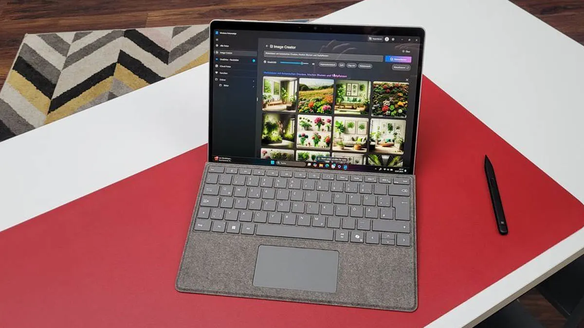 Ein Laptop mit grauem Tastatur-Cover steht auf einem Tisch mit roter und weißer Oberfläche. Ein schwarzer Stift liegt daneben. Auf dem Bildschirm sind Bilder.