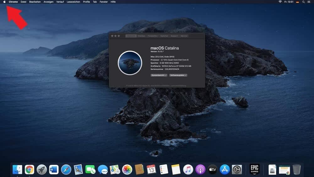 Ein Screenshot von einem Mac Desktop zeigt einen Pfeil, der auf den Apfel im linken oberen Eck verweist.
