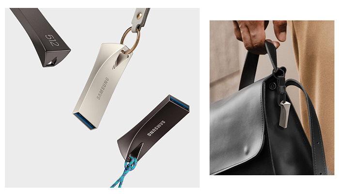 Kollage des BAR Plus USB-Sticks mit Schlüsselanhänger und wie er damit an einer Tasche angebracht ist.