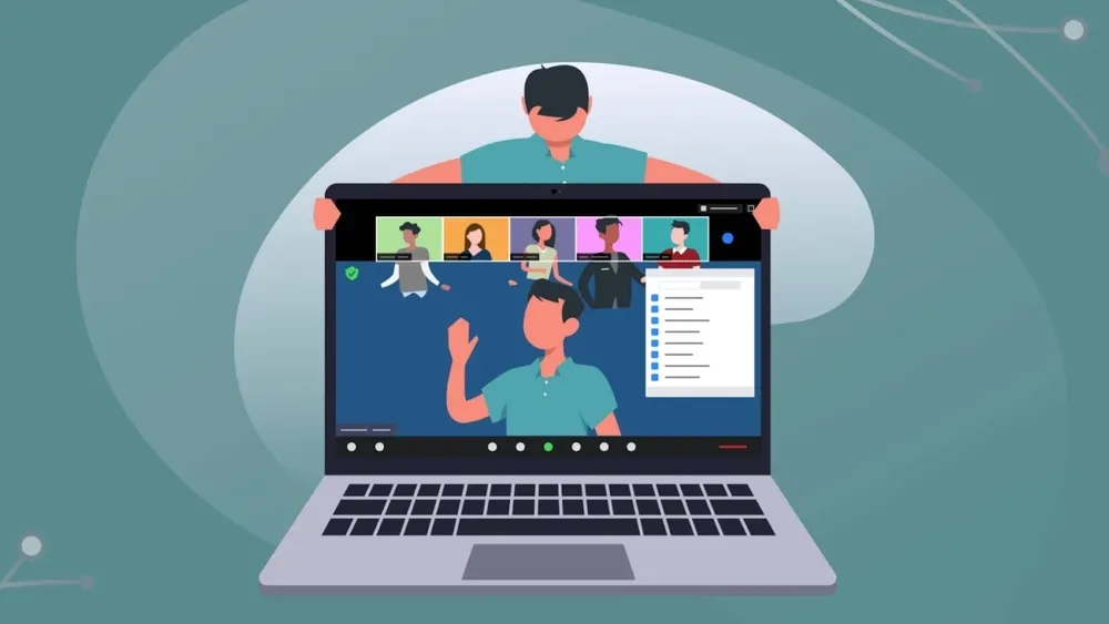 Laptop zeigt Videokonferenz mit mehreren Teilnehmenden auf blauem Hintergrund. Eine Person hält den Laptop.