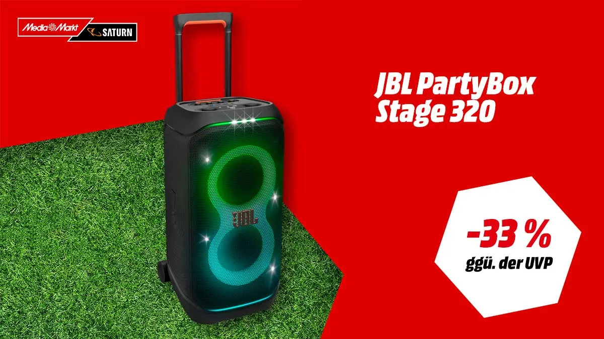 JBL PartyBox Stage 320 tragbarer Partylautsprecher in Schwarz – WM-Angebot mit -33 % (ggü. der UVP)