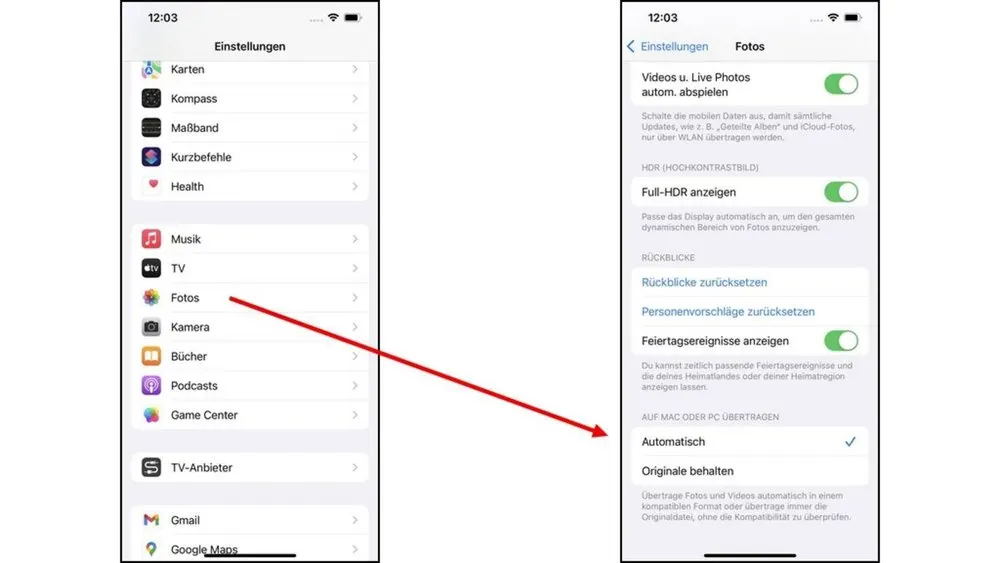 Zwei Screenshots eines iPhone-Einstellungsmenüs, das mit einem roten Pfeil auf die Fotoeinstellungen verweist.