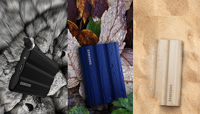 Die Portable T7 Shield in drei Situationen mit dem Hinweis auf den Schutz vor Stürzen, Staub und Wasser.