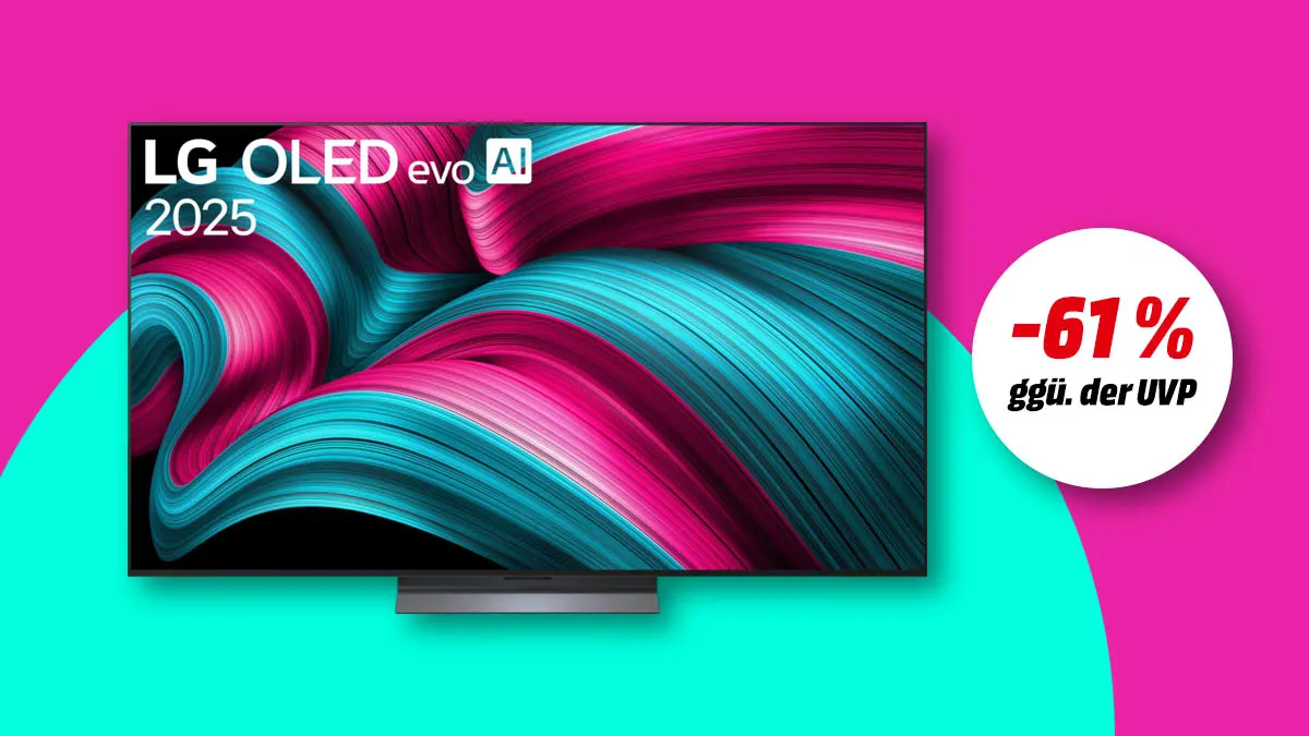 LG OLED TV, Hinweis auf 61 Prozent Rabatt gegenüber UVP auf buntem Hintergrund. 