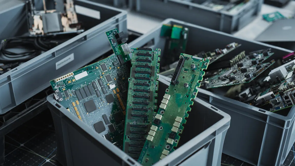 In mehreren Kisten liegen Platinen und weitere PC-Bauteile.