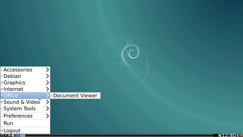 Ein Screenshot zeigt das Startmenü des Linux-Desktops.