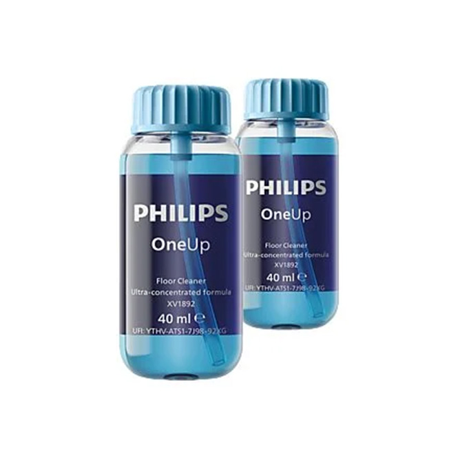 Zwei Flaschen des Reinigers für den Philips OneUp elektrischen Wischmopp. 
