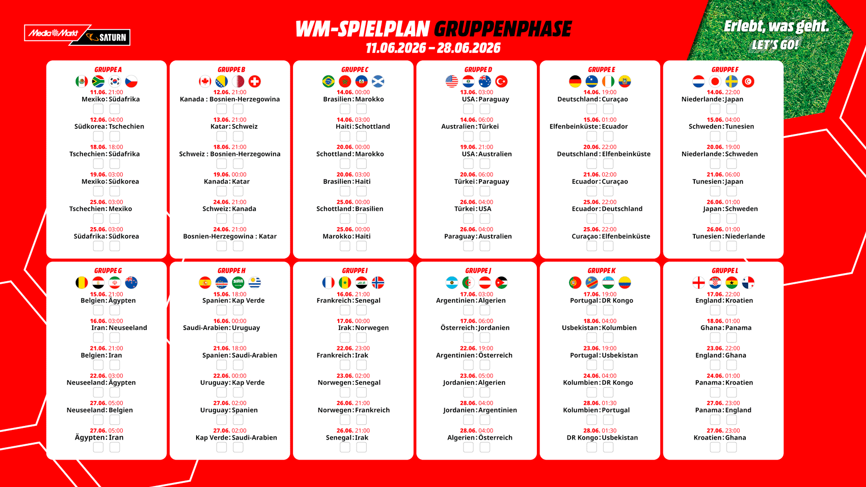 Ausschnitt des detaillierten WM-Spielplans in der Gruppenphase für 2026 von MediaMarkt.