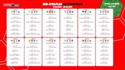 Ausschnitt des detaillierten WM-Spielplans in der Gruppenphase für 2026 von MediaMarkt.