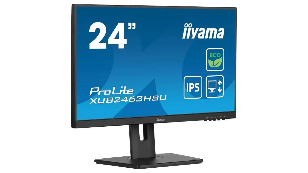 Ein schwarzer Iiyama ProLite XUB2463HSU 24-Zoll-LCD-Monitor steht auf einem schwarzen rechteckigen Sockel vor einem weißen Hintergrund.