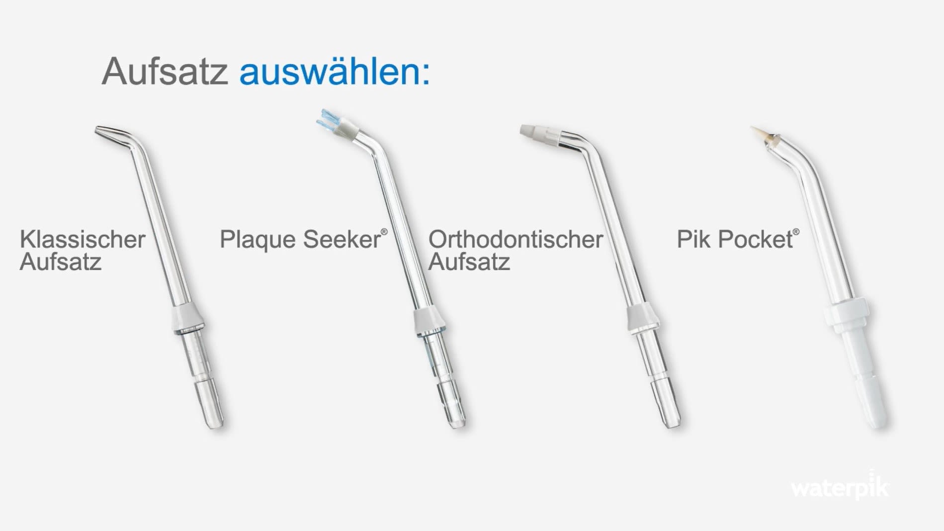 Abbildung der vier von sieben Aufsaetze von der WATERPIK WP-100EU Munddusche