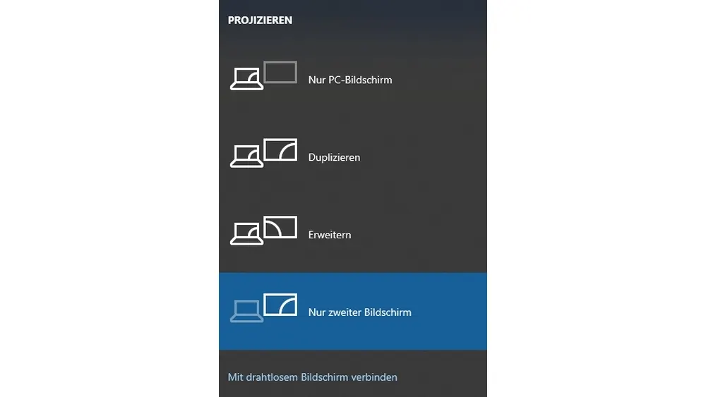 Eine Liste mit Projektionsoptionen, darunter "Nur PC-Bildschirm", "Duplizieren", "Erweitern" und "Nur zweiter Bildschirm", mit Laptop-Symbolen.