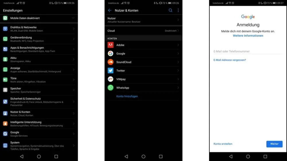 Auf drei Smartphones werden verschiedene Bildschirmeinstellungen, Konten und Google-Anmeldungen angezeigt.