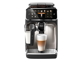 Vollautomatischer Kaffeevollautomat mit Milchaufschäumer und digitalem Display.