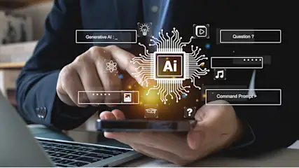 Mann nutzt Smartphone mit KI-Schnittstelle, umgeben von Icons für generative KI, Frage, Befehl und Medien. Laptop im Vordergrund.