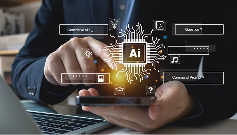 Mann nutzt Smartphone mit KI-Schnittstelle, umgeben von Icons für generative KI, Frage, Befehl und Medien. Laptop im Vordergrund.