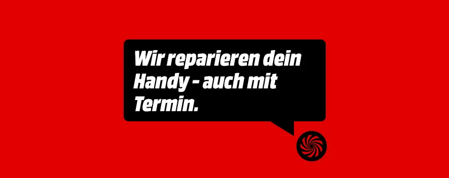 Ein rotes Werbebanner mit einer schwarzen Sprechblase, in der in weißer, fetter Schrift der deutsche Text steht: "Wir reparieren dein Handy - auch mit Termin."