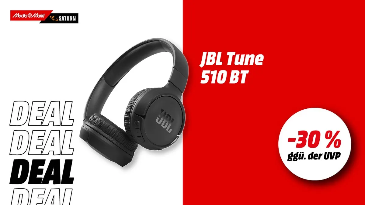 Der JBL On-Ear-Kopfhörer und Hinweis auf 30 Prozent Rabatt gegenüber der UVP.