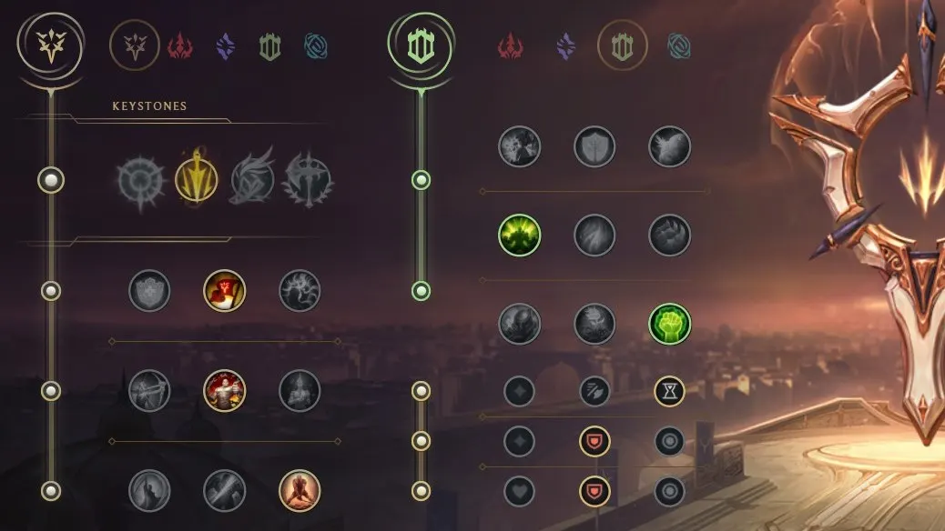 Das Layout zeigt Spiel-Runen und eine goldene Waffe auf einer Plattform vor einem Stadtbild im Hintergrund.